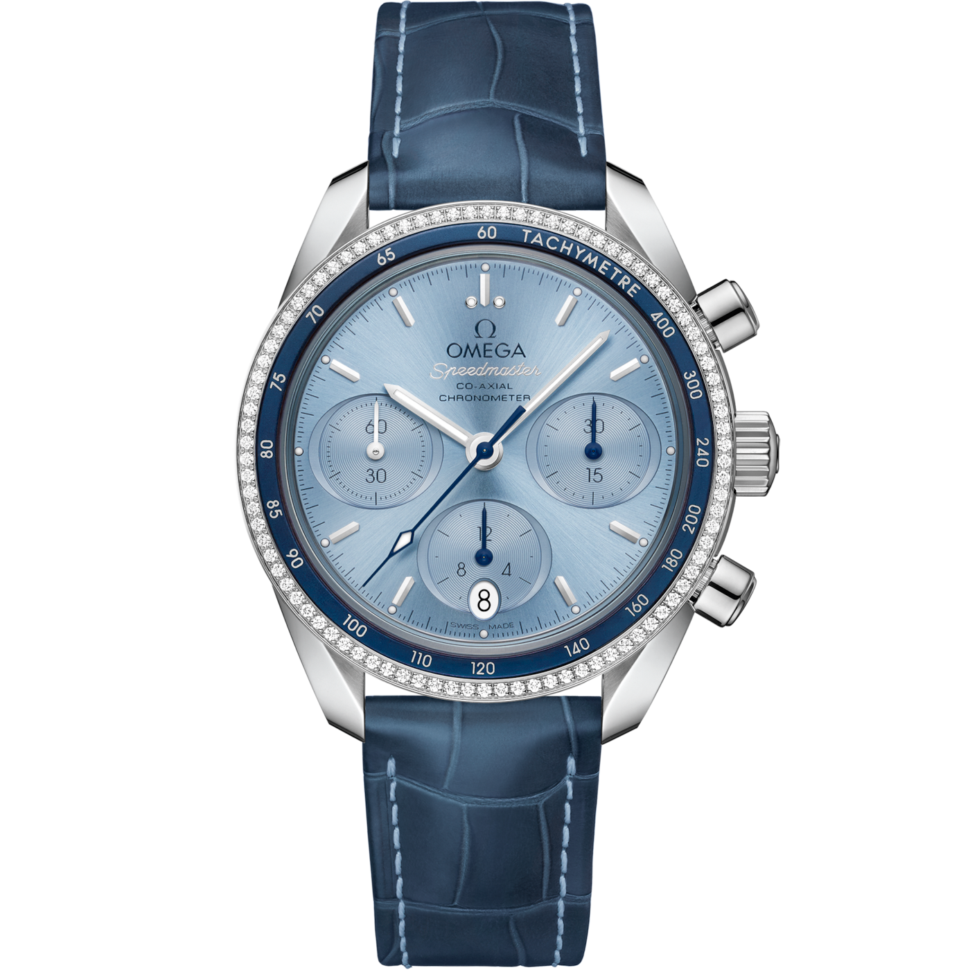 Omega Speedmaster Co-Axial 38 Stainless Steel / Diamond / Blue / Strap — Ref. 324.38.38.50.03.001