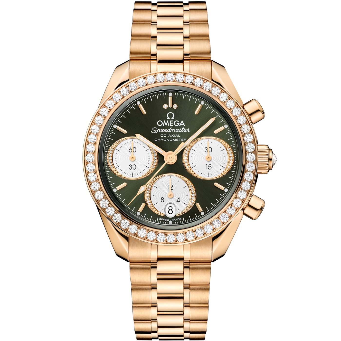 Omega Speedmaster Date 38 Moonshine Gold - Diamond / Green / Bracelet — Ref. 324.55.38.50.60.001