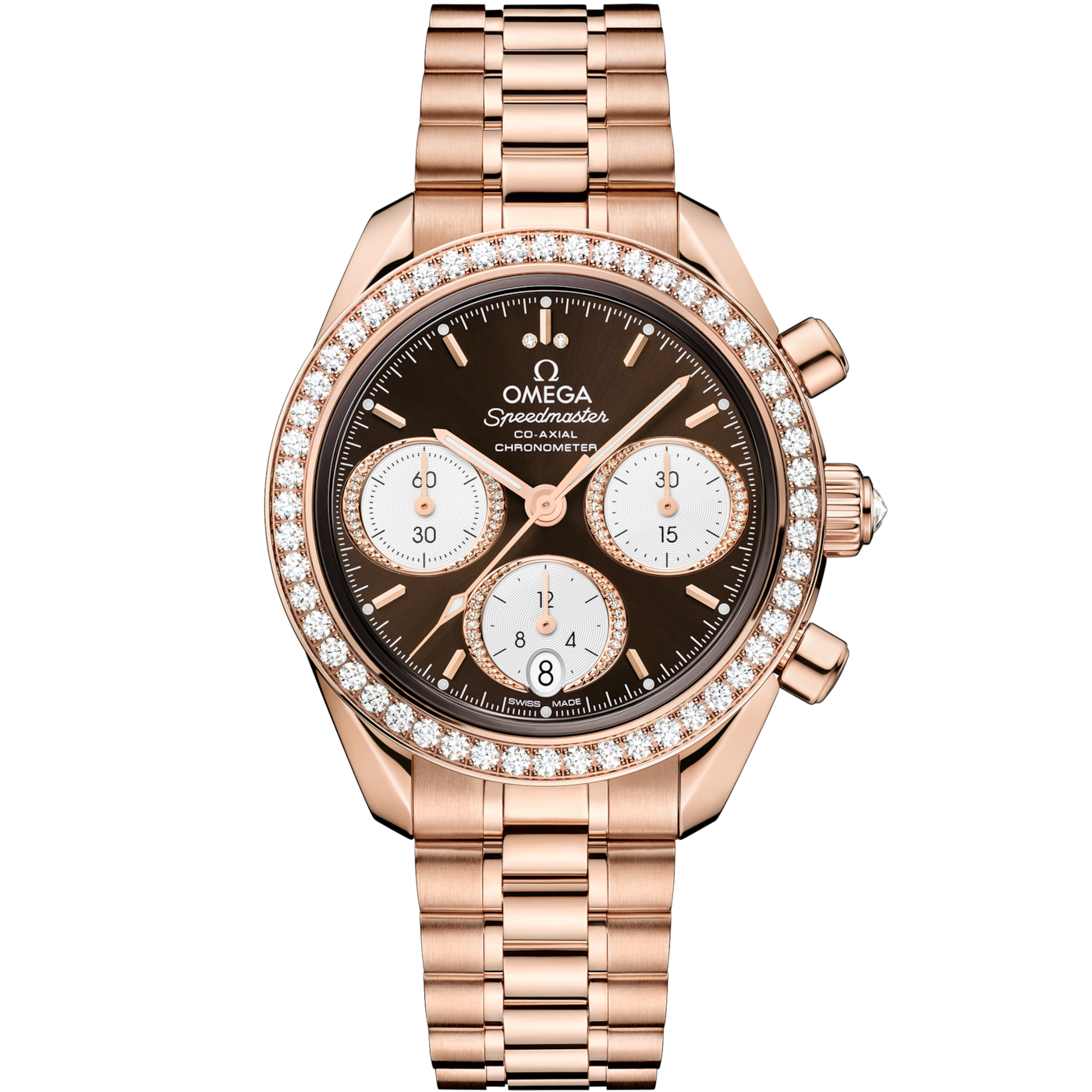 Omega Speedmaster Date 38 Sedna Gold - Diamond / Brown / Bracelet — Ref. 324.55.38.50.63.001