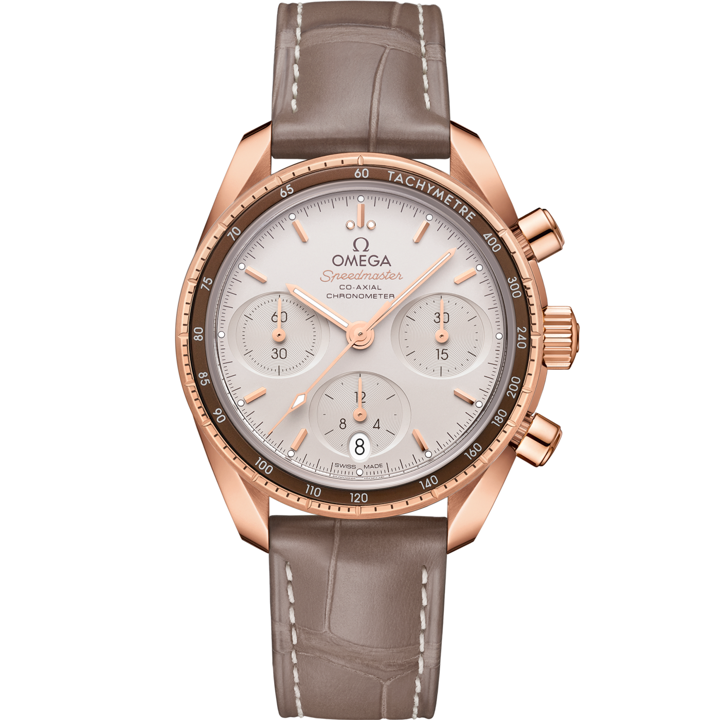 Omega Speedmaster Co-Axial 38 Sedna Gold / Diamond / Silver / Strap — Ref. 324.63.38.50.02.003