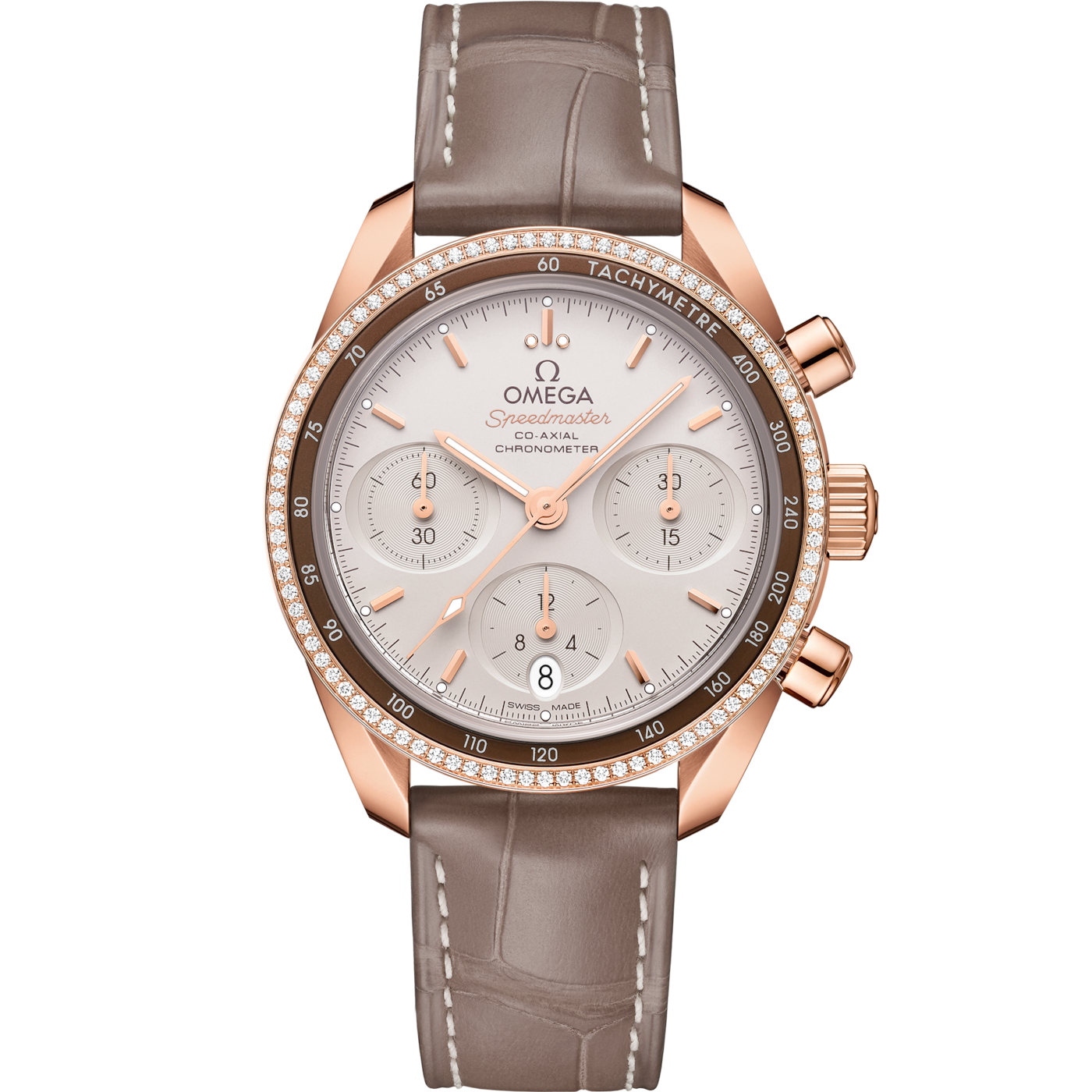 Omega Speedmaster Co-Axial 38 Sedna Gold / Diamond / Silver / Strap — Ref. 324.68.38.50.02.003