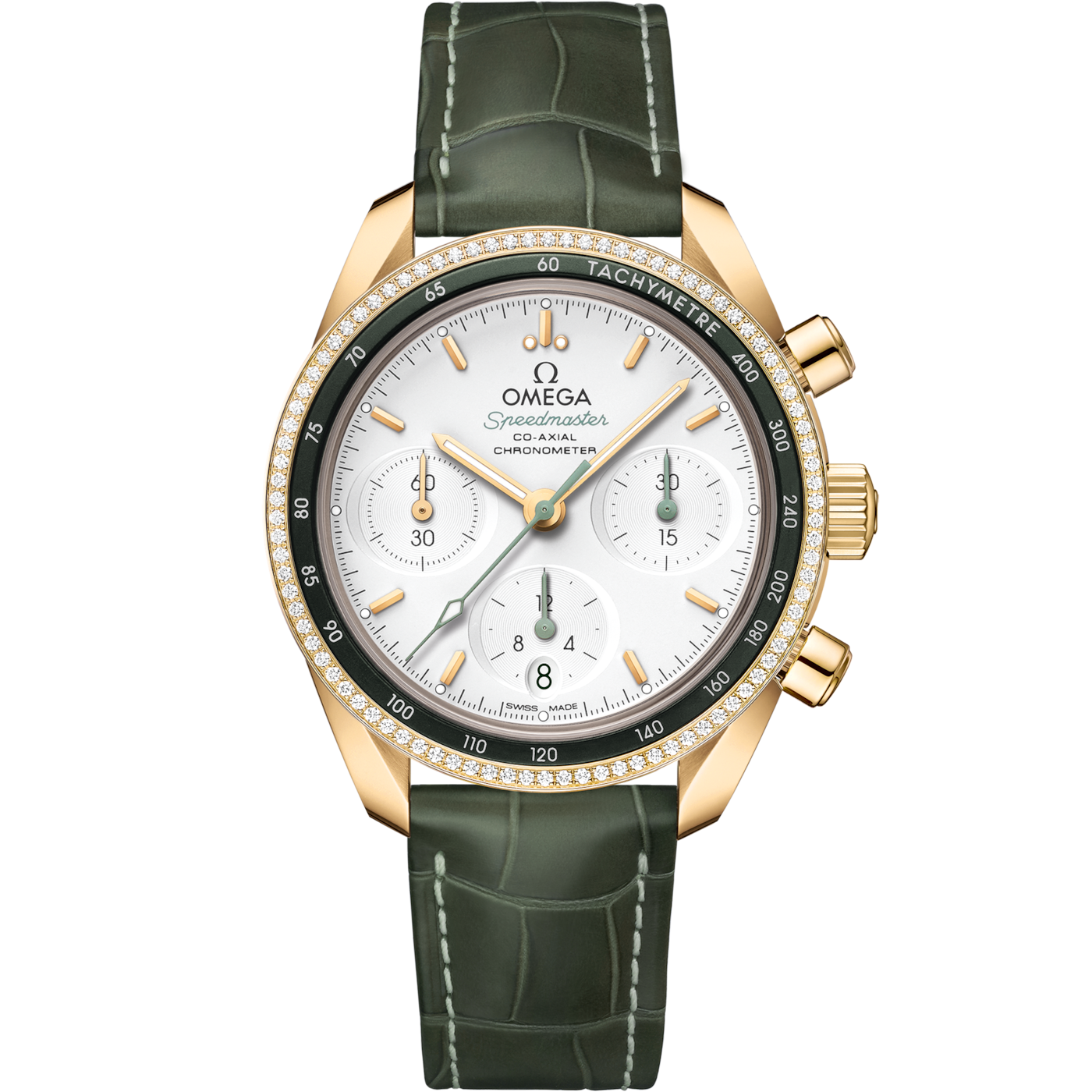 Omega Speedmaster Co-Axial 38 Yellow Gold / Diamond / Silver / Strap — Ref. 324.68.38.50.02.004