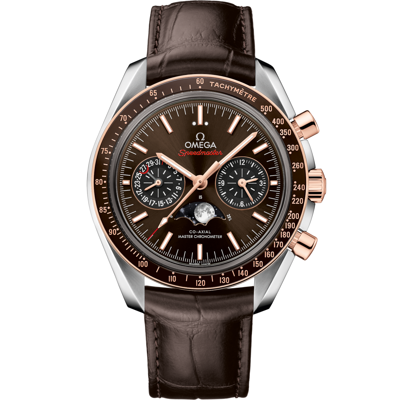 Omega Speedmaster Moonphase Chronograph Master Chronometer Stainless Steel / Sedna Gold — Ref. 304.23.44.52.13.001