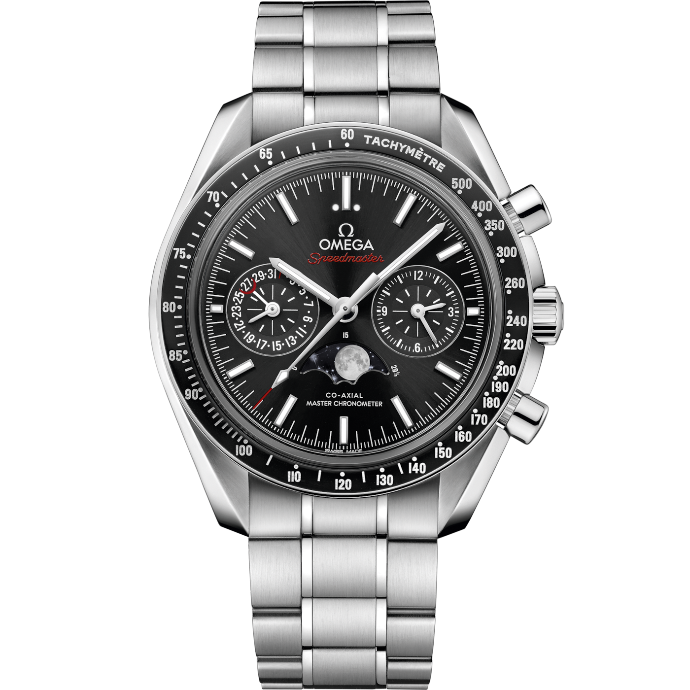 Omega Speedmaster Moonphase Chronograph Master Chronometer Stainless Steel / Black / Bracelet — Ref. 304.30.44.52.01.001