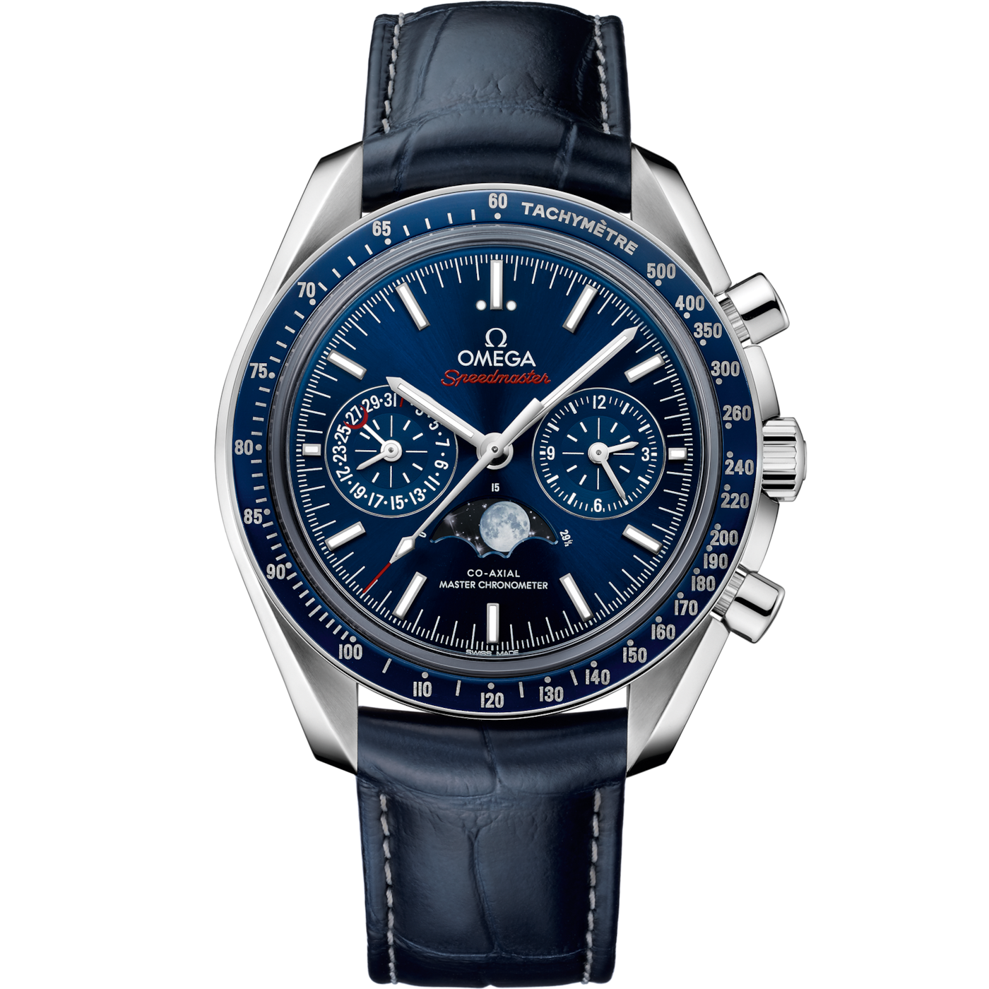Omega Speedmaster Moonphase Chronograph Master Chronometer Stainless Steel / Blue / Alligator — Ref. 304.33.44.52.03.001