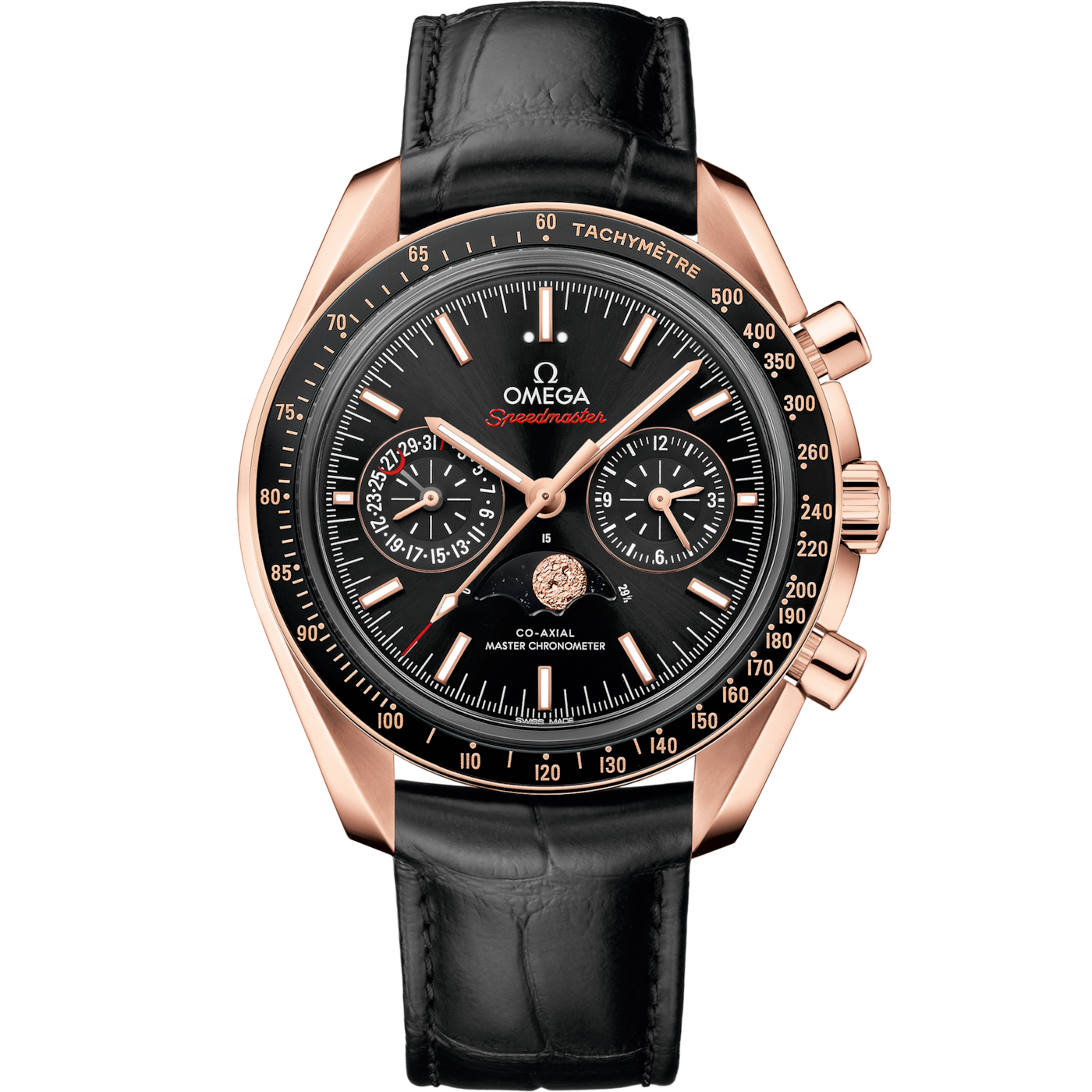 Omega Speedmaster Moonphase Chronograph Master Chronometer Sedna Gold / Black — Ref. 304.63.44.52.01.001