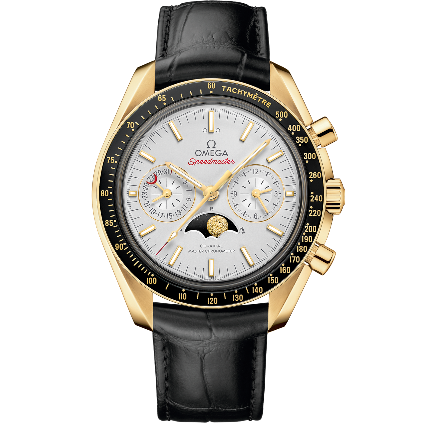 Omega Speedmaster Moonphase Chronograph Master Chronometer Yellow Gold / Silver — Ref. 304.63.44.52.02.001