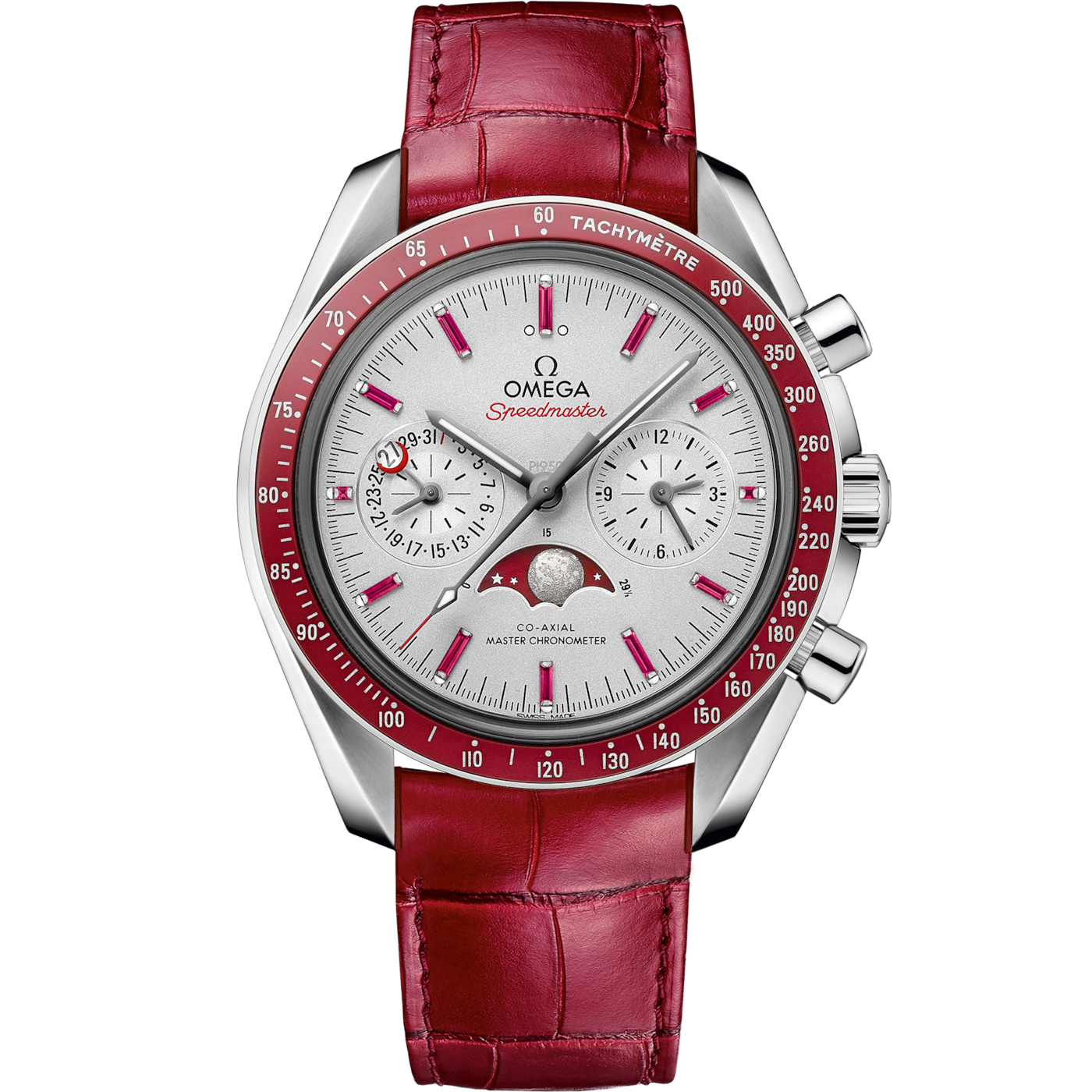 Omega Speedmaster Moonphase Chronograph Master Chronometer Platinum / Silver / Ruby — Ref. 304.93.44.52.99.002