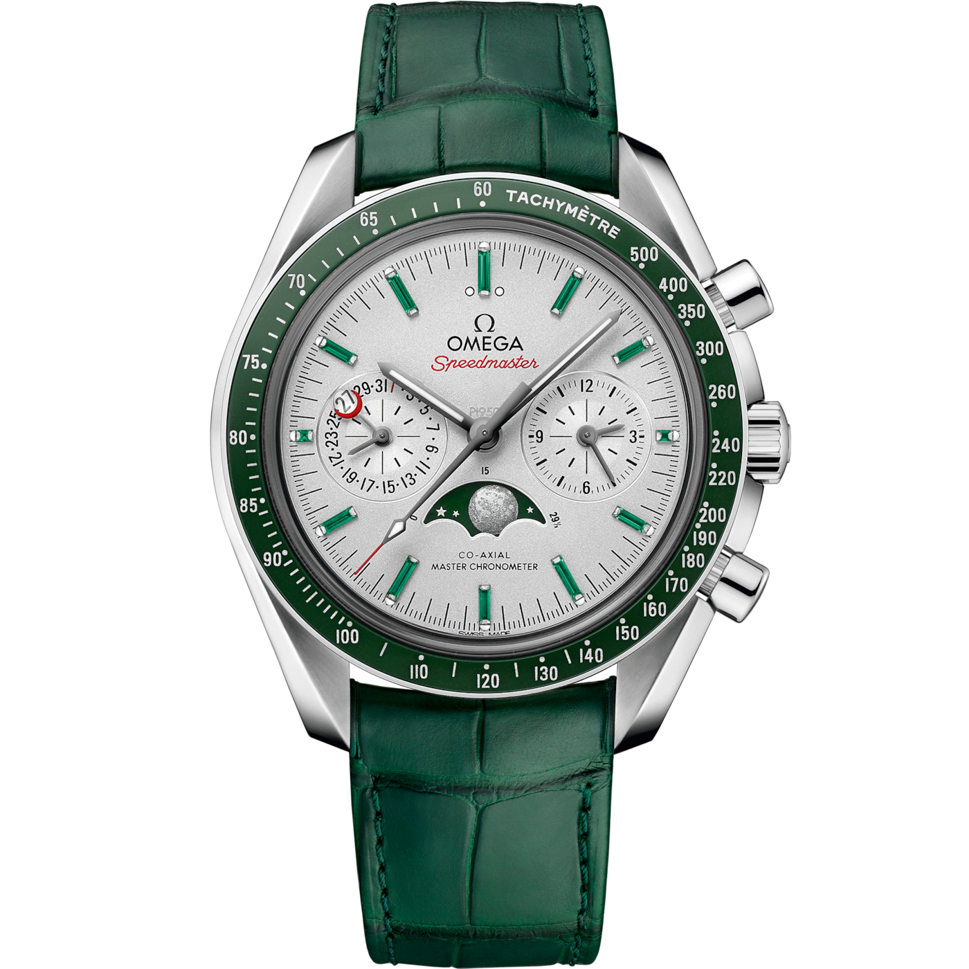 Omega Speedmaster Moonphase Chronograph Master Chronometer Platinum / Silver / Emerald — Ref. 304.93.44.52.99.003