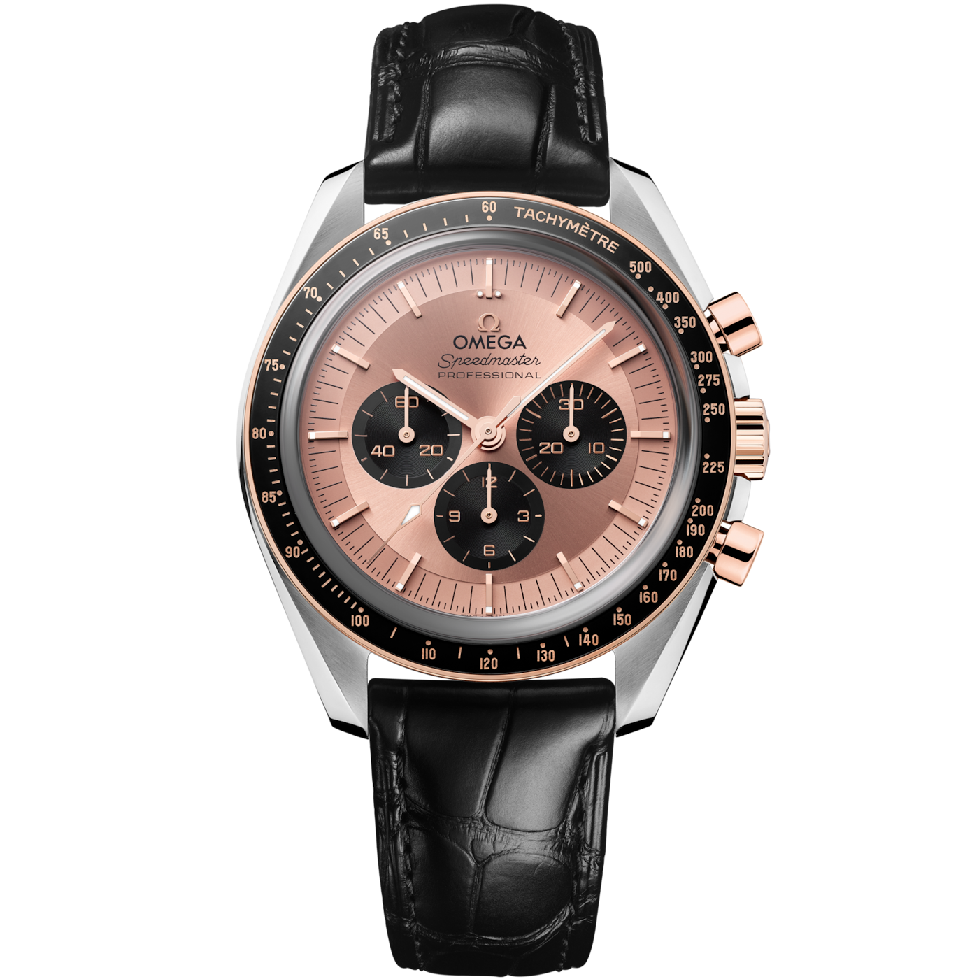 Omega Speedmaster Professional Moonwatch 3861 Stainless Steel - Sedna Gold / Pink / Alligator — Ref. 310.23.42.50.99.001