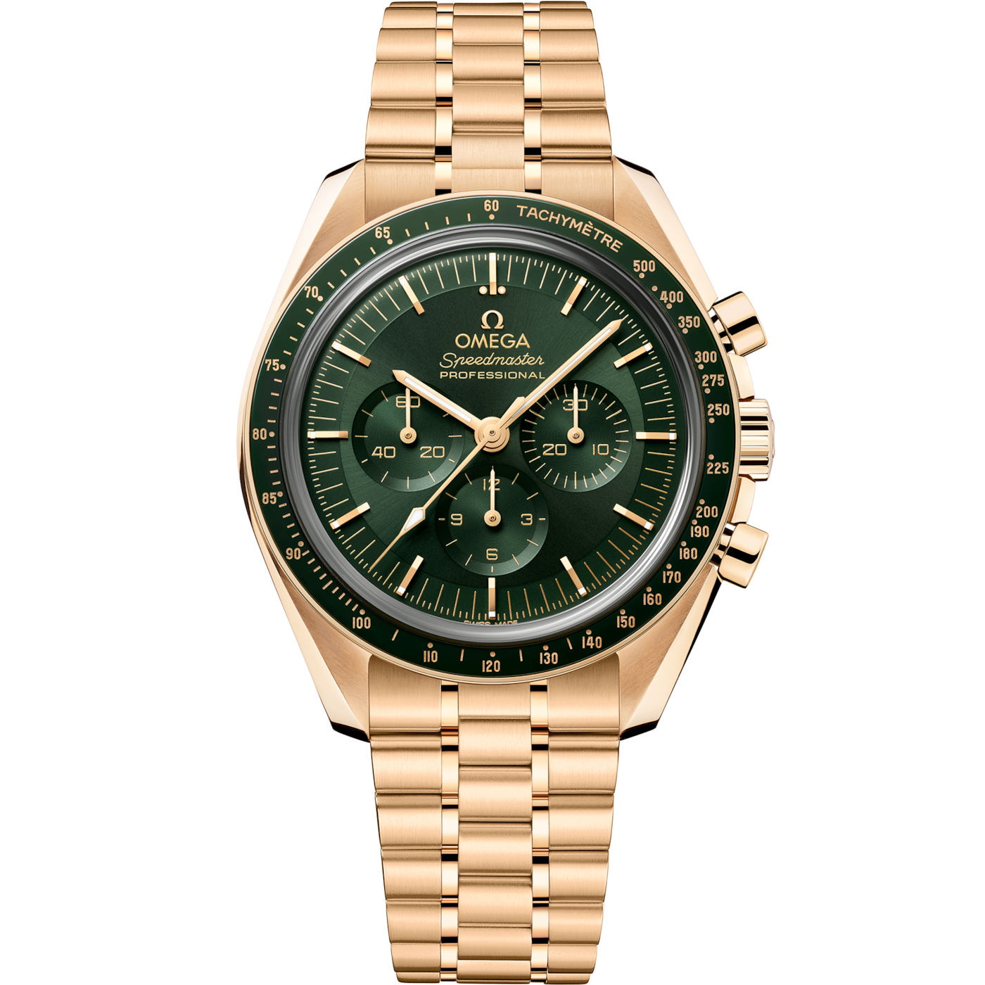 Omega Speedmaster Professional Moonwatch 3861 Moonshine Gold / Green / Bracelet — Ref. 310.60.42.50.10.001