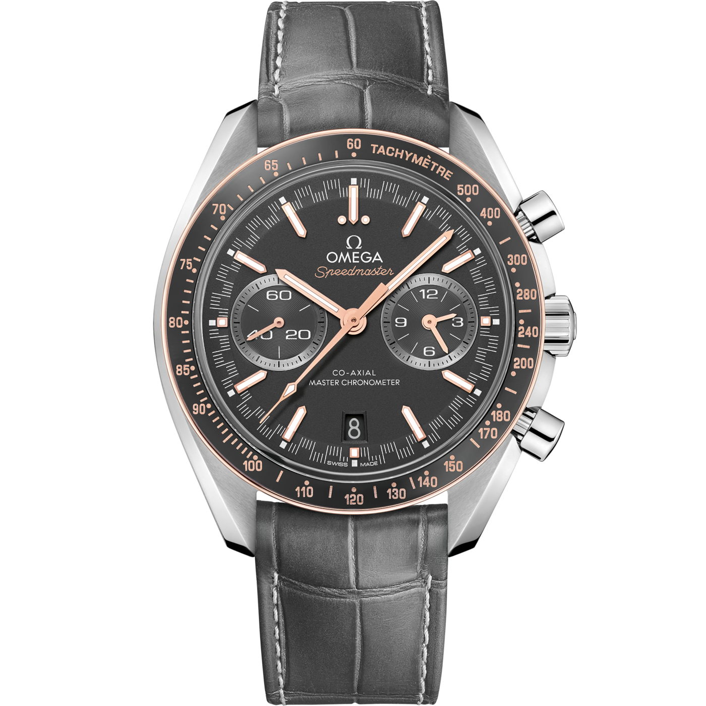 Omega Speedmaster Racing Master Co-Axial Stainless Steel / Sedna / Grey / Alligator — Ref. 329.23.44.51.06.001