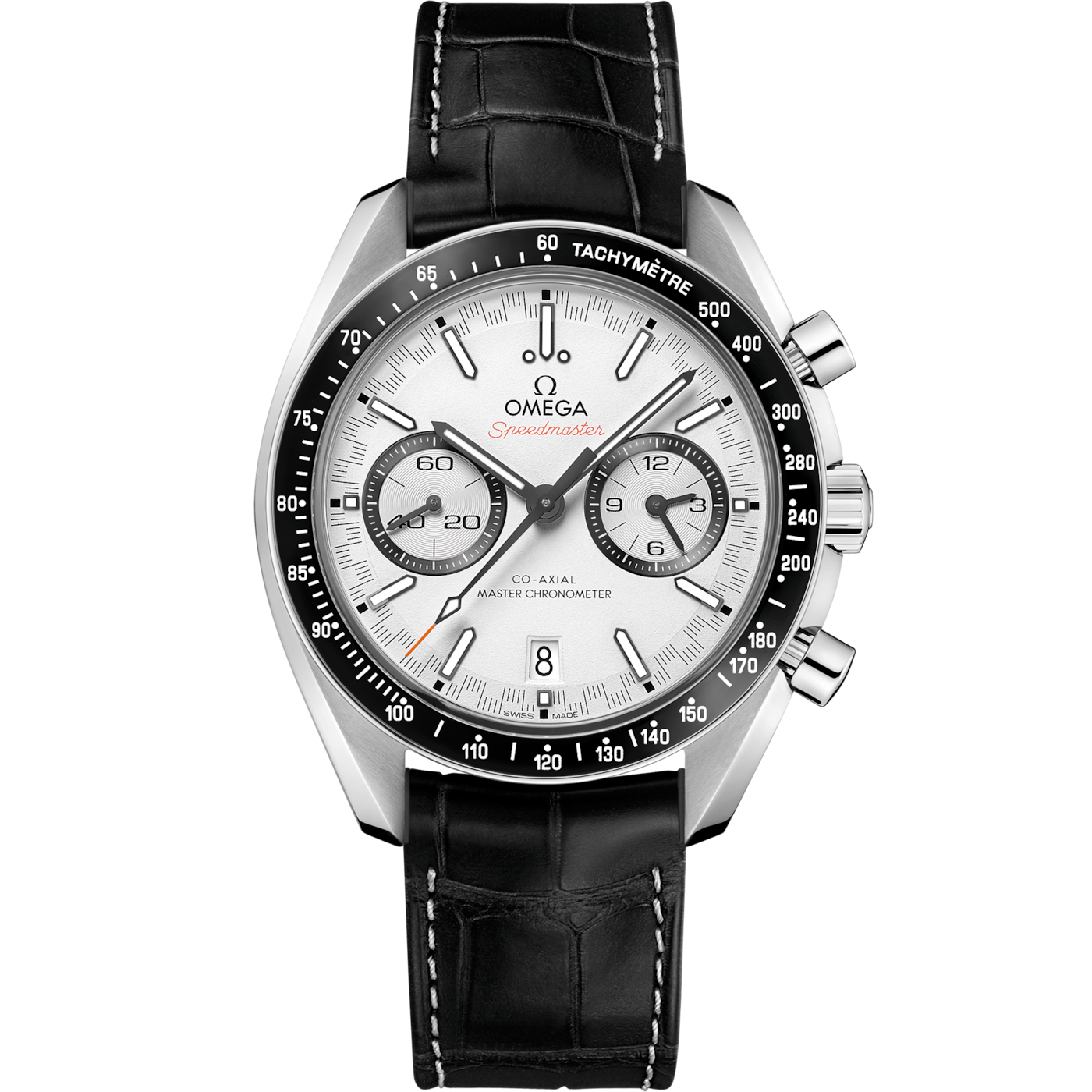 Omega Speedmaster Racing Master Co-Axial Stainless Steel / White / Alligator — Ref. 329.33.44.51.04.001