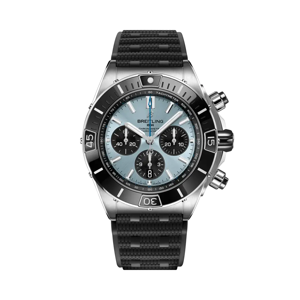 Breitling Chronomat B01 44 Stainless Steel - Platinum / Ice Blue / Rubber Rouleaux — Ref. PB0136251C1S1
