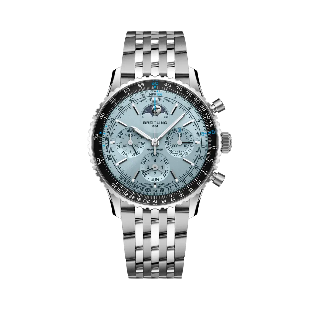 Breitling Navitimer B19 Chronograph 43 Perpetual Calendar Stainless Steel - Platinum / Ice Blue / Bracelet — Ref. PB1920251C1A1
