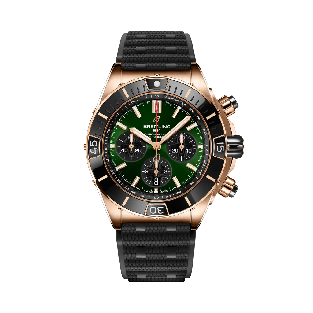 Breitling Super Chronomat B01 44 Red Gold / Green / Rubber Rouleaux — Ref. RB01361A1L1S1