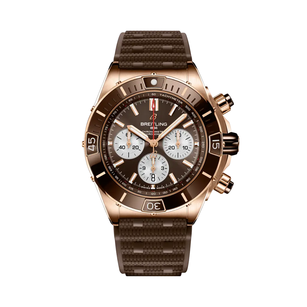 Breitling Super Chronomat B01 44 Red Gold / Brown / Rubber Rouleaux — Ref. RB0136E31Q1S1