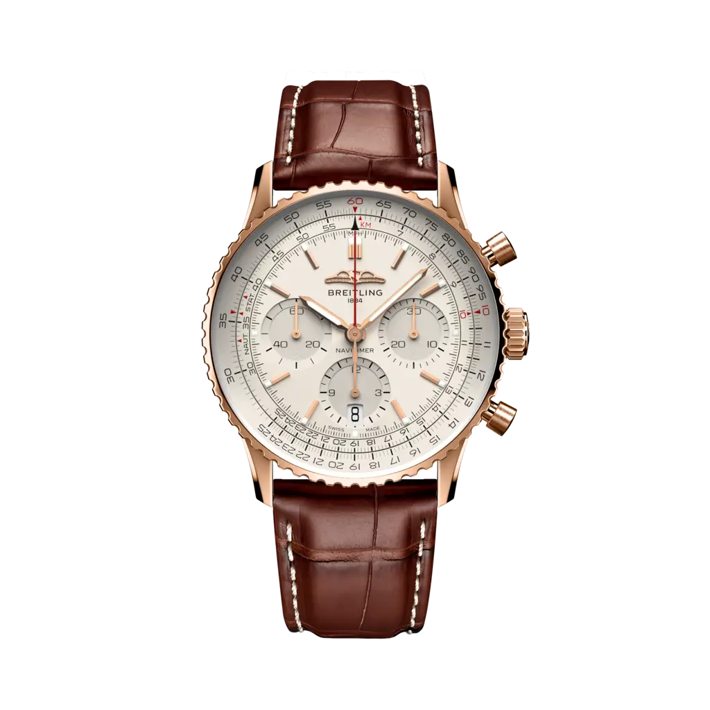 Breitling Navitimer B01 Chronograph 41 Red Gold / Silver / Alligator - Folding — Ref. RB0139211G1P1
