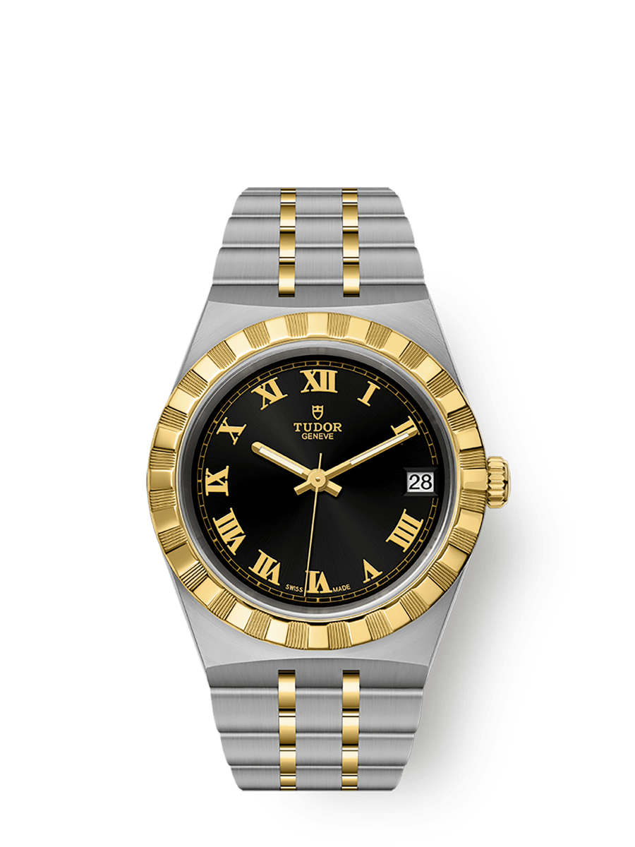 Tudor Royal Date 34 Stainless Steel / Yellow Gold / Black - Roman — Ref. 28403