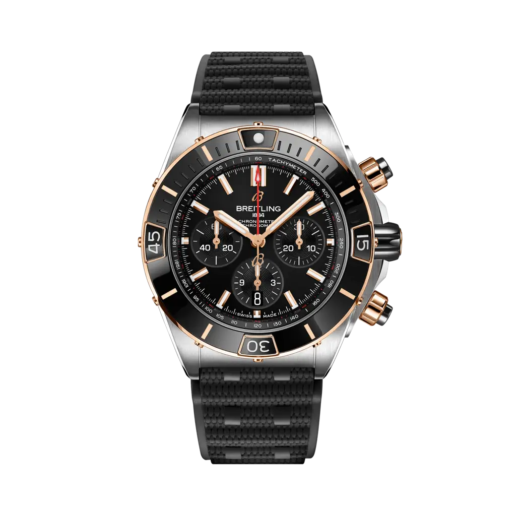 Breitling Super Chronomat B01 44 Stainless Steel - Red Gold / Black / Rubber Rouleaux — Ref. UB0136251B1S1