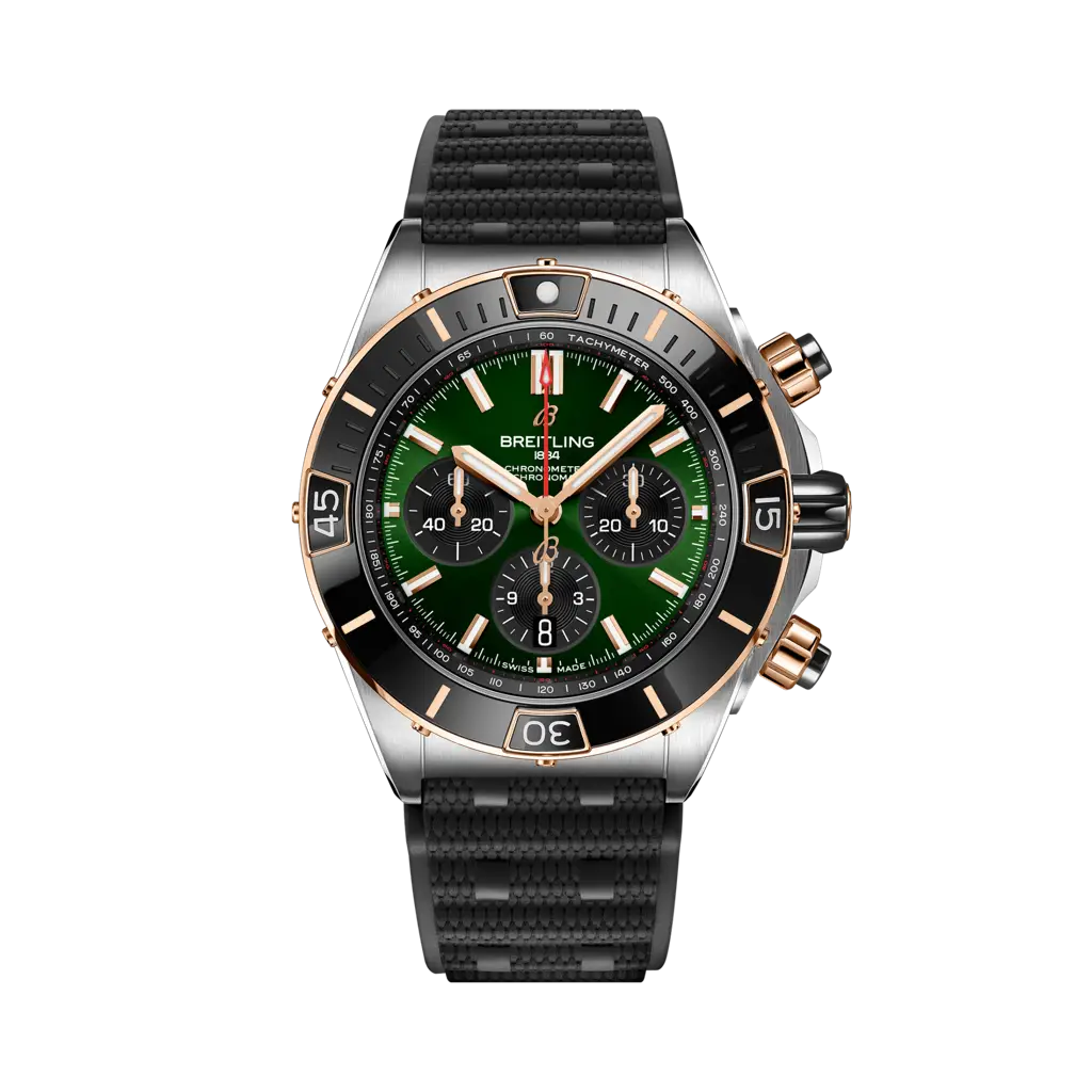 Breitling Super Chronomat B01 44 Stainless Steel - Red Gold / Green / Rubber Rouleaux — Ref. UB0136251L1S1
